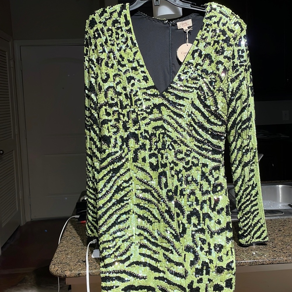 Green Sequined Leopard detail dress Cardi Dress